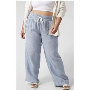 Athleta Cabo Linen Pants Womens 18 Chambray Blu Elastic‎ Waist Wide Leg